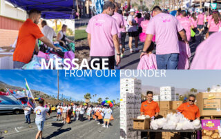 Message from our founder. Photo of Renovians giving back to the community.