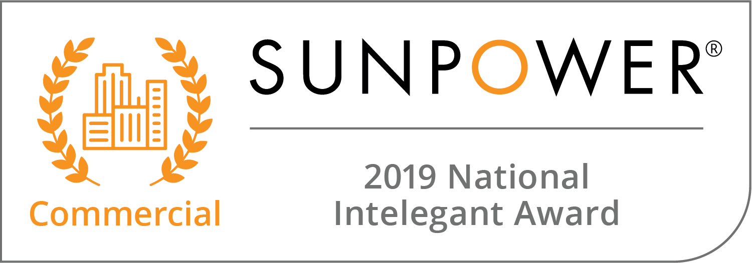  Orange leaf crest on both sides of a group of buildings image 2019 SunPower Commercial National Inelegant Award Badge