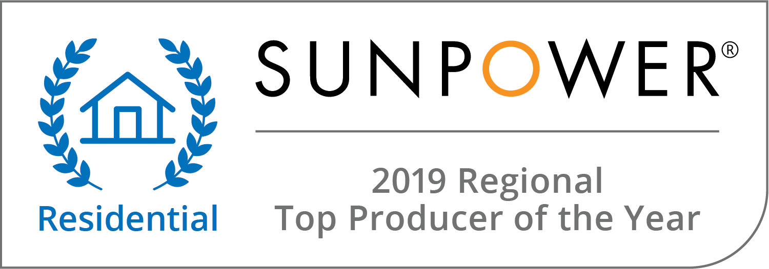 Blue leaf crest on both side of a blue house clipart image 2019 SunPower Regional Top Producer Of The Year Award Badge