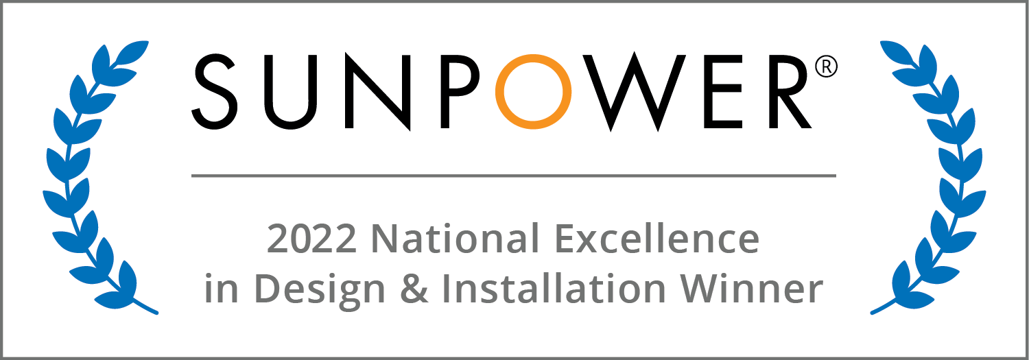 Blue leaf crest on both sides of 2022 SunPower National Excellence In Design & Installation Winner Badge