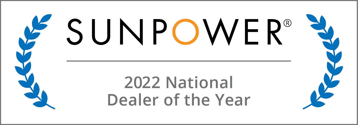Blue leaf crest on both sides of 2022 SunPower National Dealer Of The Year Award Badge
