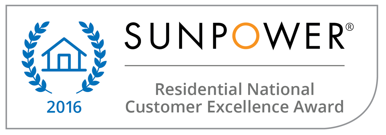  Blue leaf crest on both side of a blue house clipart image 2016 SunPower Residential National Customer Excellence Award Badge