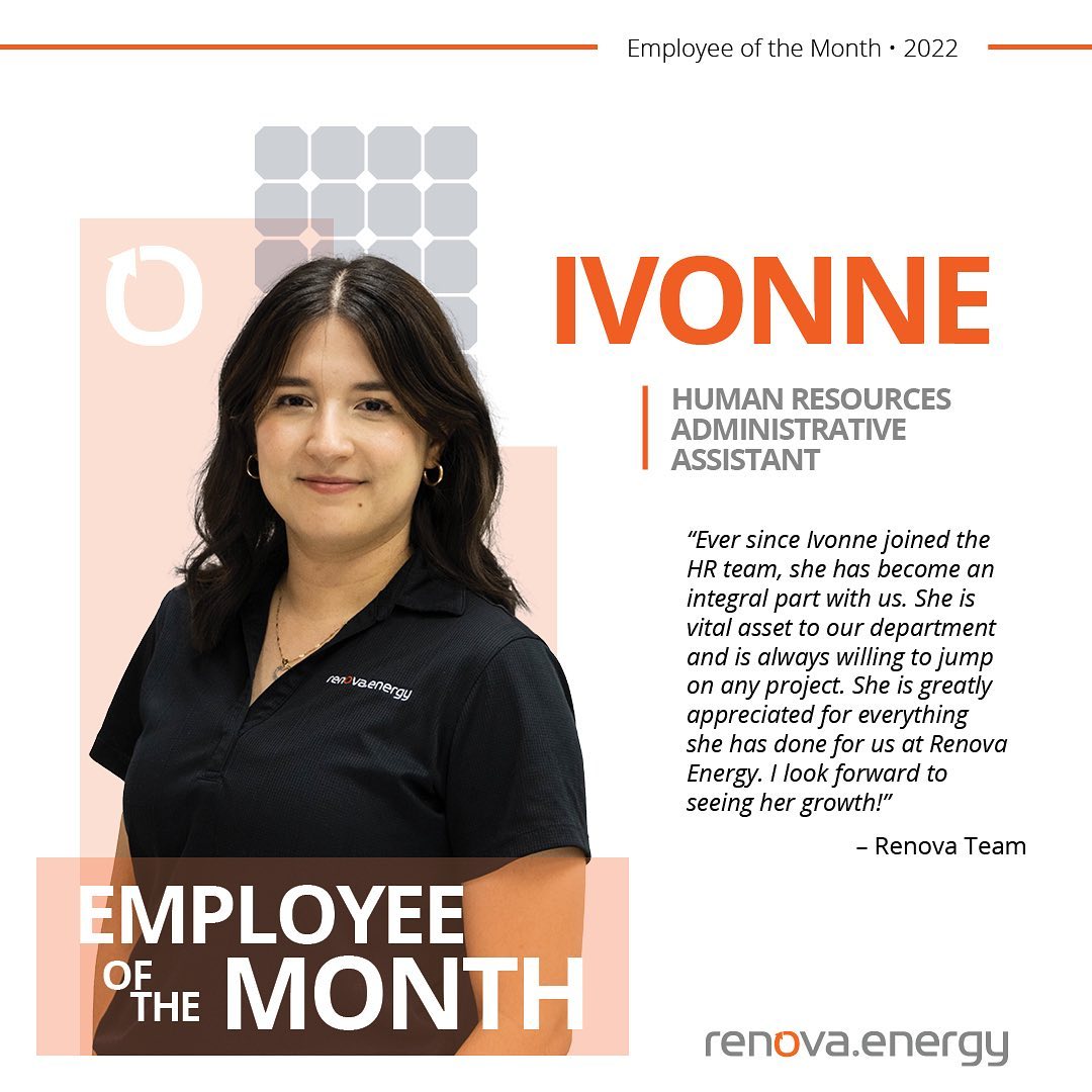 Ivonne human resources administrative assistant woman with shoulder length dark hair smiling wearing black short sleeve Renova energy branded shirt. Employee of the month 2022 Quote “Ever since Ivonne joined the HR team, she has become an integral part with us. She is a vital asset to our department and is always willing to jump on any project. She is greatly appreciated for everything she has done for us at Renova energy. I look forward to seeing her growth!” - Renova Team