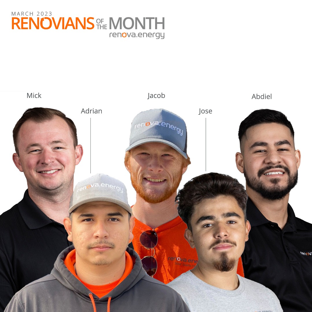 March 2023 Renovians of the month Renova.energy group of five men wearing Renova brand shirts. Names from left to right are Mick, Adrian, Jacob, Jose, Abdiel