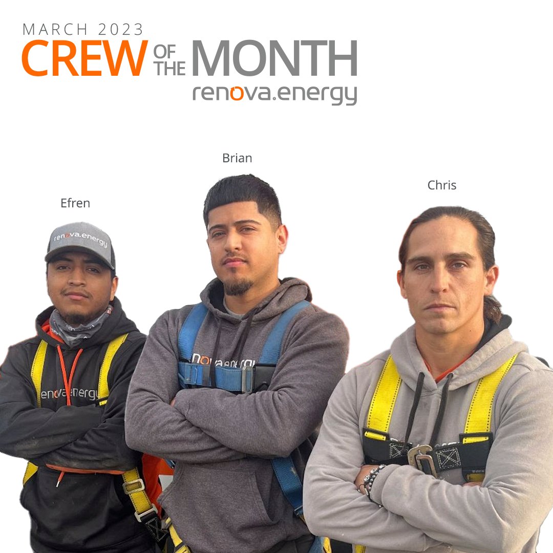 March 2023 crew of the month Renova.energy. Three men wearing Renova work gear. Names from left to right Efren, Brian, Chris