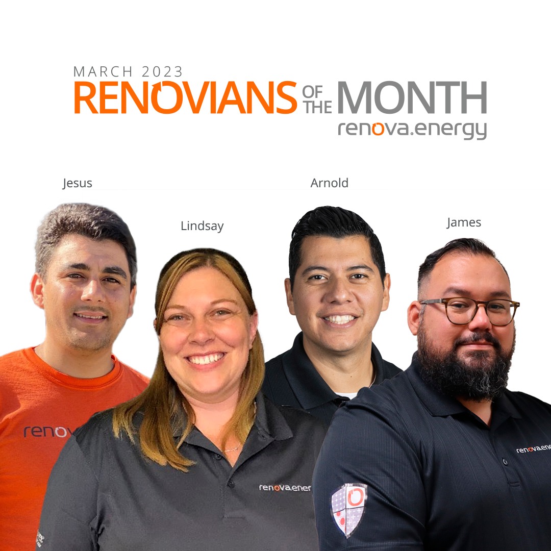 March 2023 Renovians of the month Renova.energy group of 3 men and 1 woman wearing Renova brand shirts. Names from left to right are Jesus, Lindsay, Arnold, James
