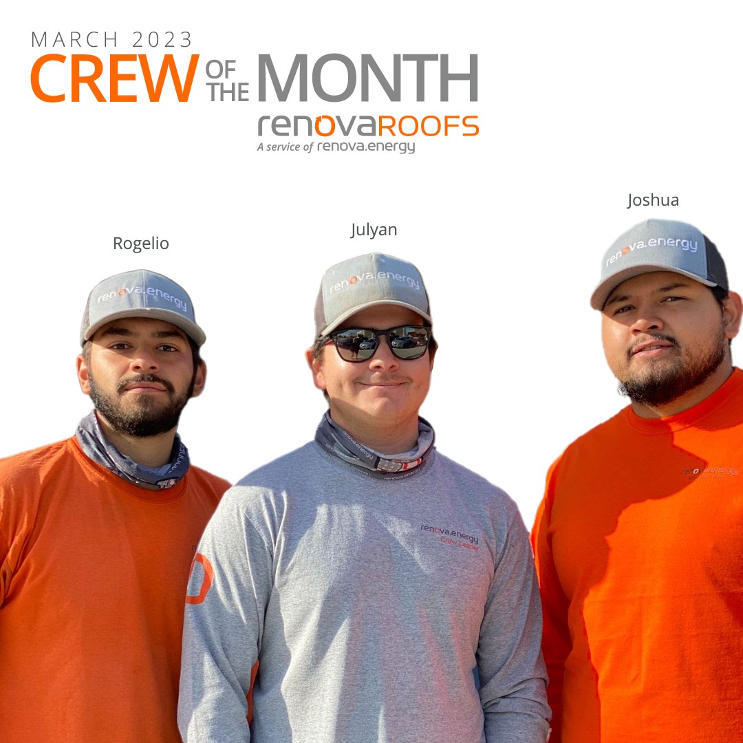 March 2023 Crew of the month Renova Roofs a service of Renova.energy group of 3 men wearing Renova brand shirts and hats. Names from left to right are Rogelio, Julyan, Joshua