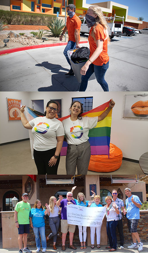 Renova Community Support A collage of three photos first photo on top shows two people with Orange says Renova shirts on carrying a tub of things together, helping each other move it. Middle photo shows two women with Renova energy shirts with the Renova logo with rainbow colors as they are holding a rainbow flag both are smiling. Last photo on the bottom shows a group of people nine total including five women and four men holding up a large check they are all smiling.