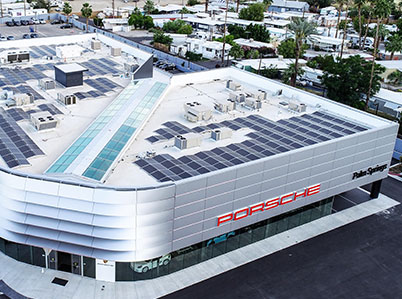 Porsche dealership with solar installed by Renova. 