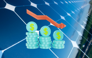 Solar Panels With A Graphic Of Money Going Down Indicating A Cheaper Price.
