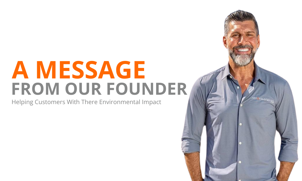 Man smiling in a gray button-up shirt with rolled sleeves. Text on the left reads, A MESSAGE FROM OUR FOUNDER in orange and gray, with a subheading, Helping Customers With Their Environmental Impact. White background.