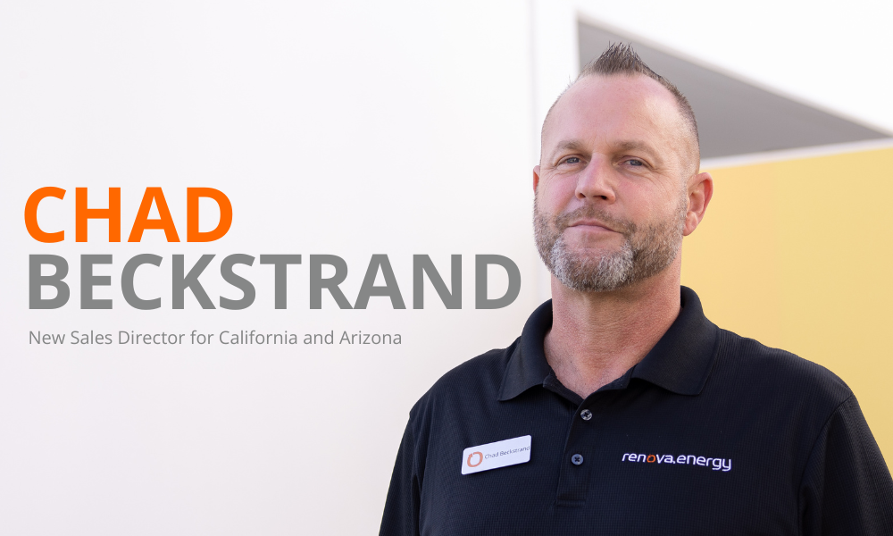 A man with short hair and a beard, wearing a black polo shirt with a company logo, stands against a backdrop with abstract shapes. The text reads, “Chad Beckstrand, New Sales Director for California and Arizona.”.