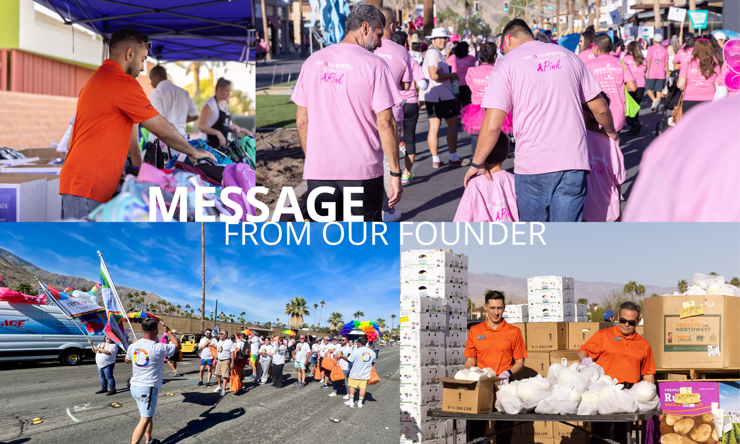 A collage of images shows volunteers in bright shirts participating in community activities: distributing clothes, marching in a group, and organizing food supplies. The central text reads MESSAGE FROM OUR FOUNDER. Colorful scenes reflect active engagement and teamwork.