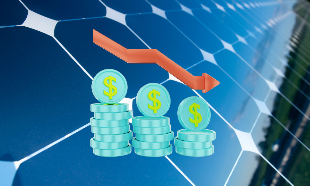 A stack of coins with dollar signs in front of a solar panel background. An orange downward arrow is positioned above the coins, indicating a decrease in cost or value. The solar panel pattern is visible, suggesting a context of renewable energy or financial discussion.