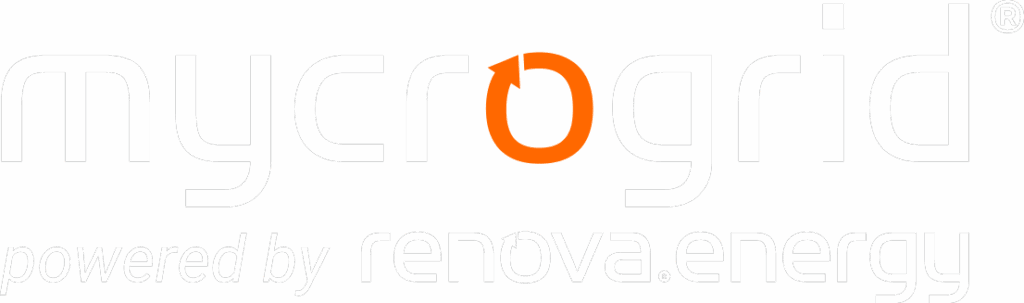 mycrogrid_pb_graphite_rgb-white White logo with the word mycrogrid, featuring an orange circular arrow in the letter o. Below, text reads powered by renova.energy in a lighter font. The background is light gray.