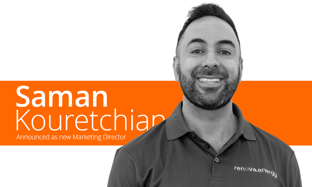 Smiling man with short dark hair and beard wearing a polo shirt with renova.energy logo. Text on the image reads Saman Kouretchian, Announced as new Marketing Director over an orange background.