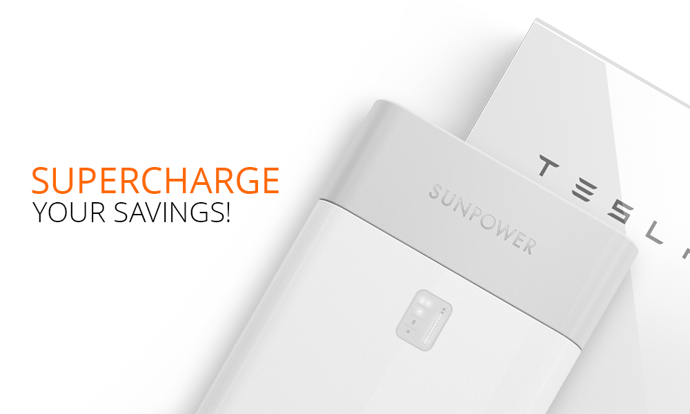 A SunPower and Tesla solar battery system with a sleek white and gray design is shown. The device has the words SUNPOWER and TESLA visible. To the left, the text SUPERCHARGE YOUR SAVINGS! appears in orange and black on a white background.