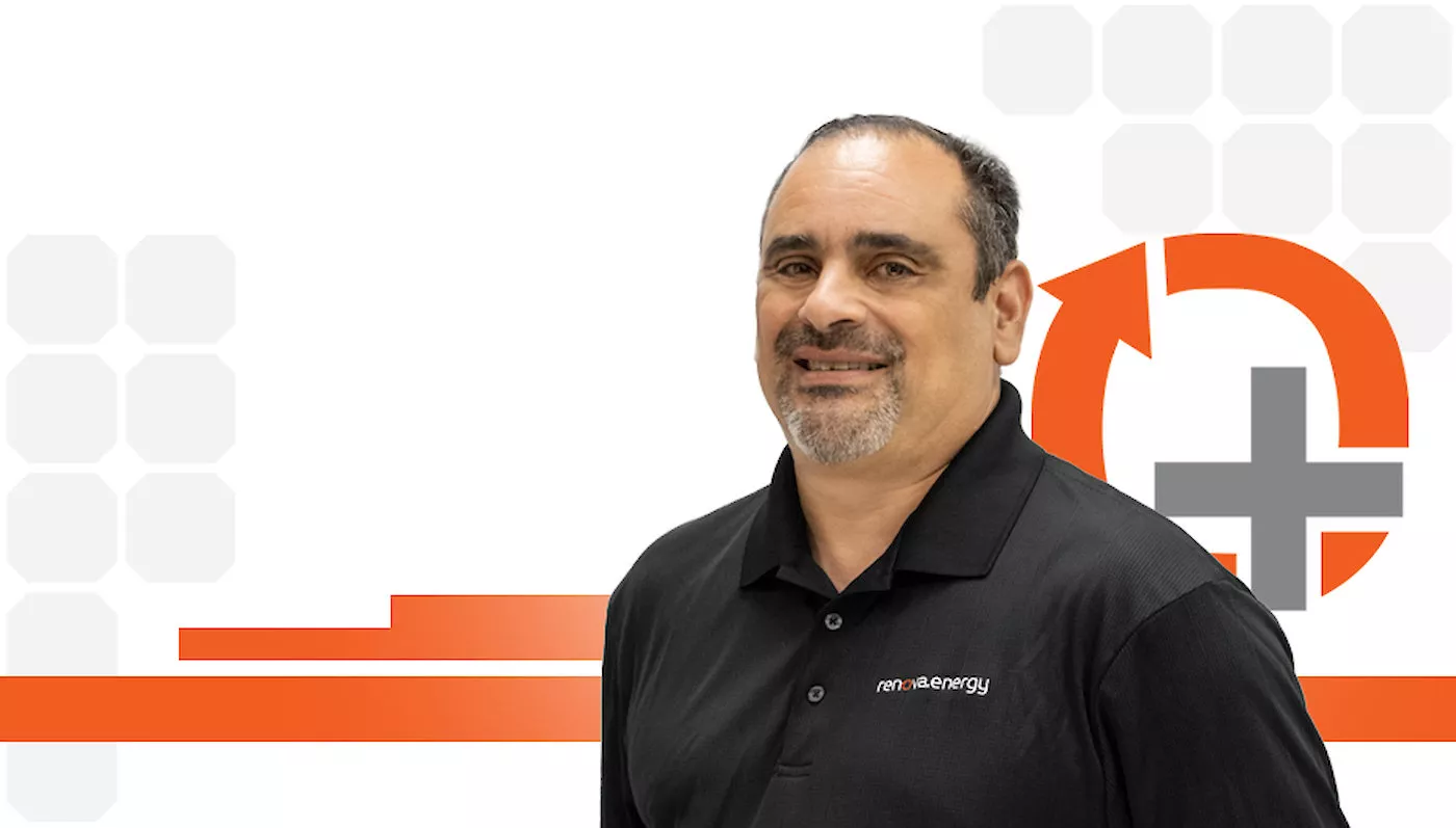 A smiling man wearing a black polo shirt with a rena.energy logo stands against a white background with abstract orange and gray graphics. The design includes a plus sign in an orange circle, positioned to the right of the man, with a series of hexagonal shapes on the left.