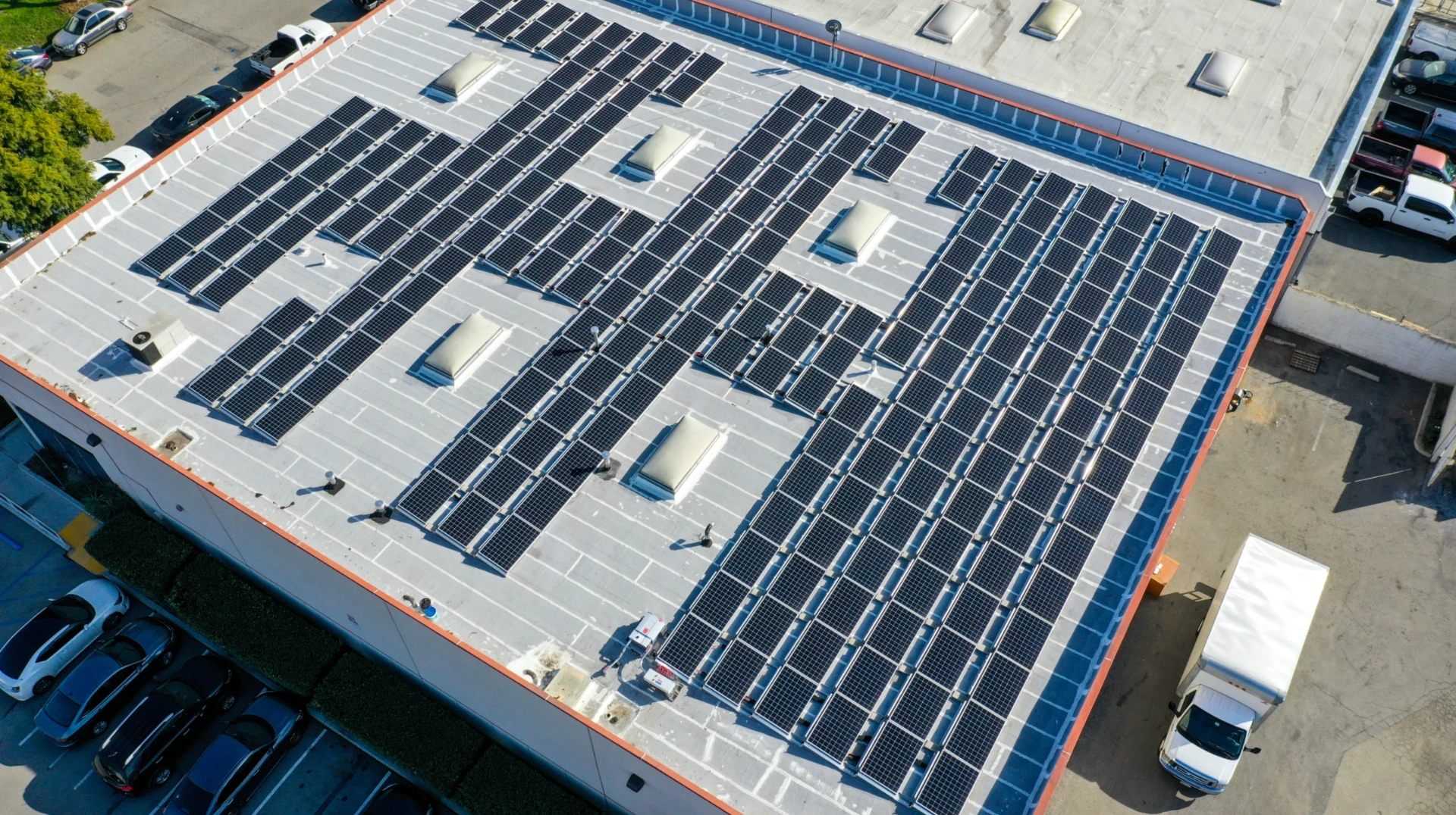 Napa auto parts building view from above with solar panels spread out