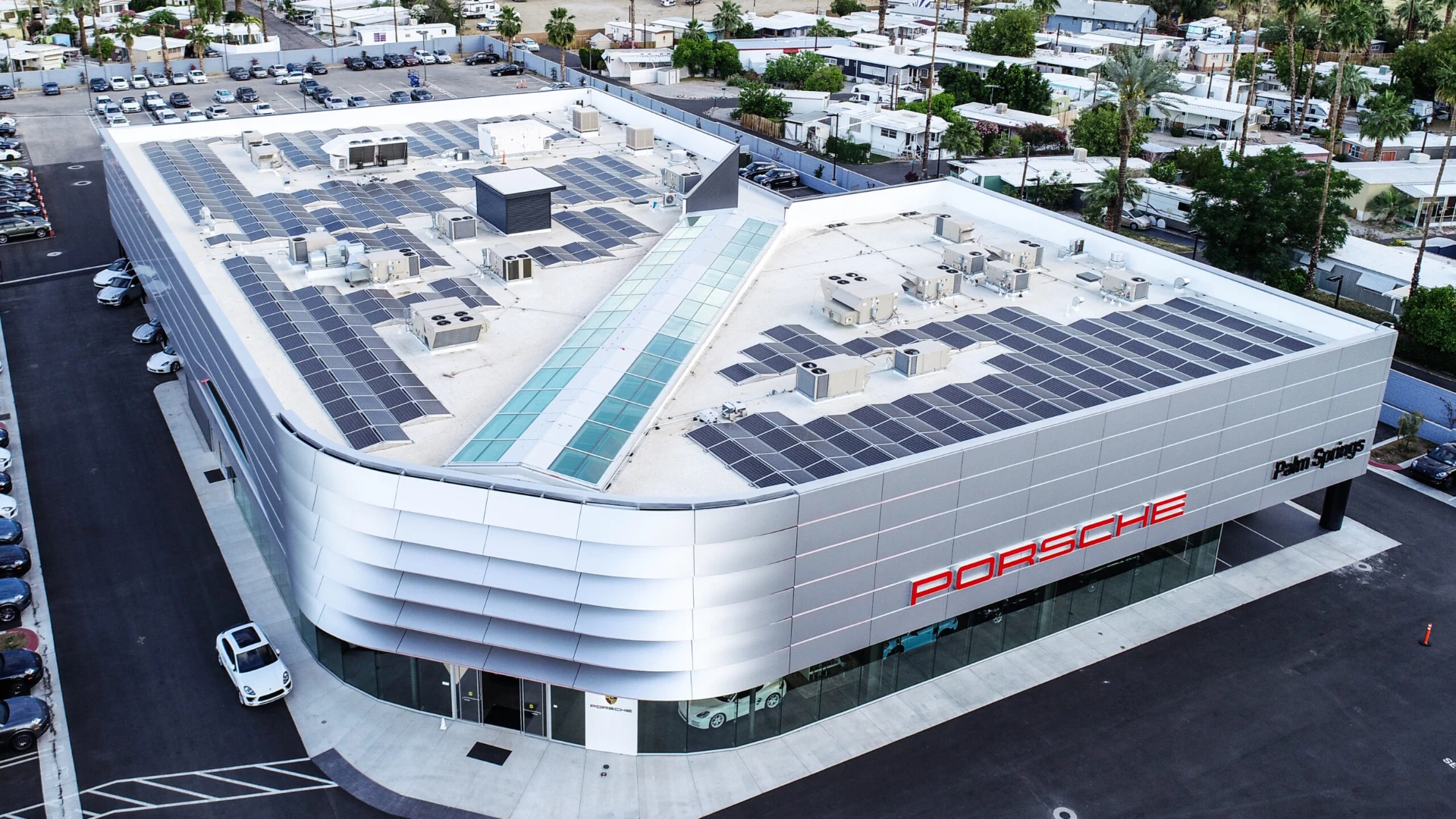 Porsche office building with solar panels on the roof