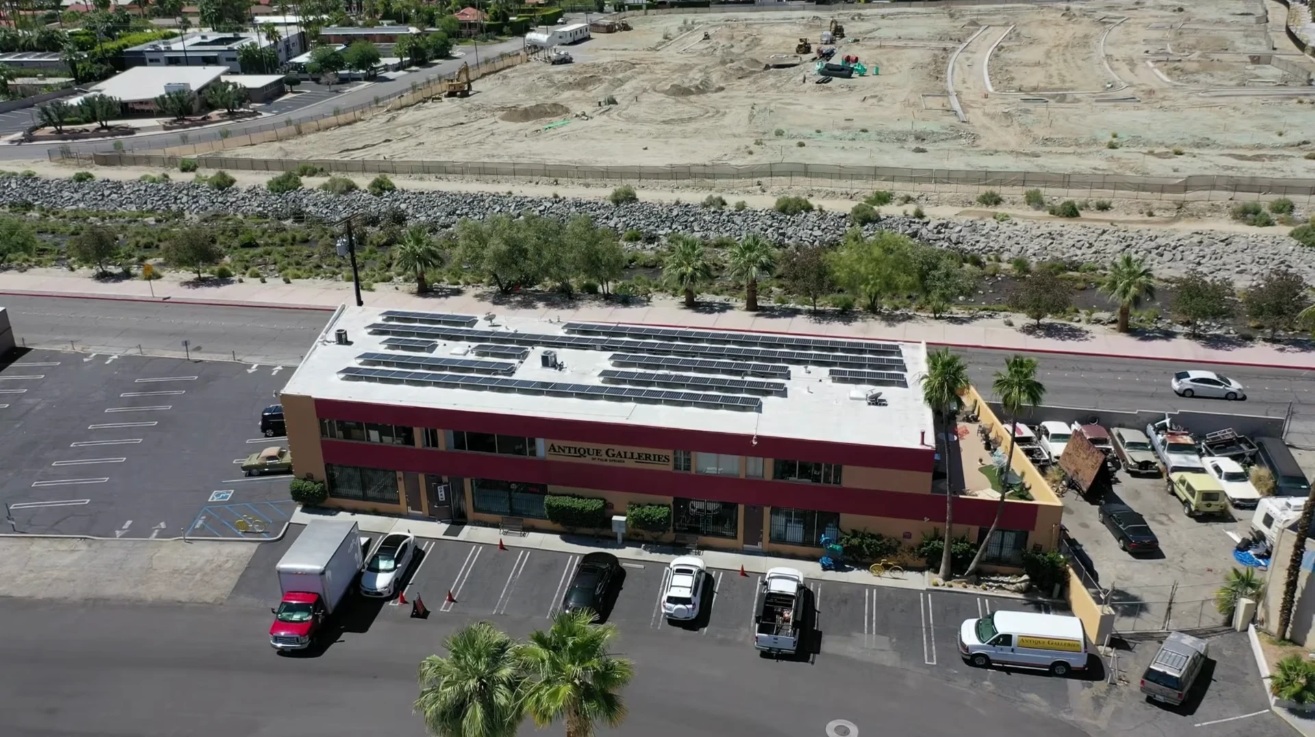 Antique Galleries of Palm Springs building with solar panels on the roof