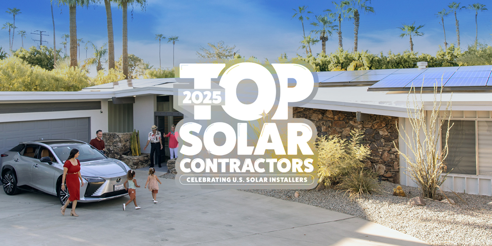 A family stands outside a modern house with solar panels on the roof and a car in the driveway. Text overlay reads 2025 Top Solar Contractors: Celebrating U.S. Solar Installers. Palm trees and clear sky are in the background.